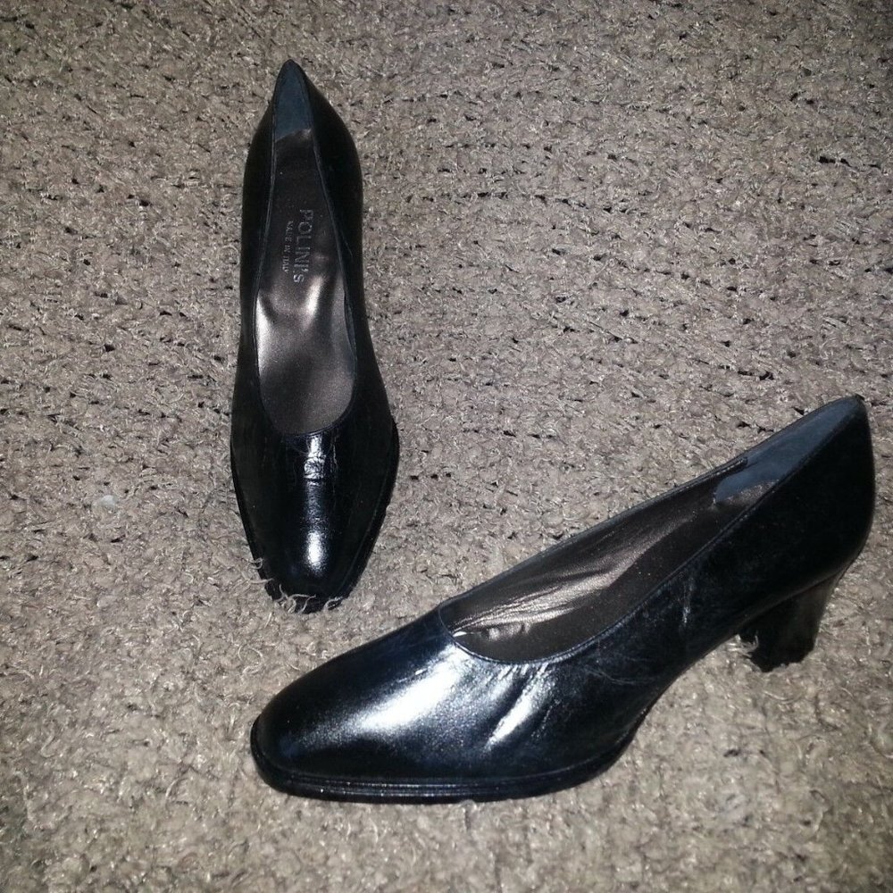 POLINI'S ITALY-Crinkled Shiny Black Leather Classic Pumps-Size 37-NWOB